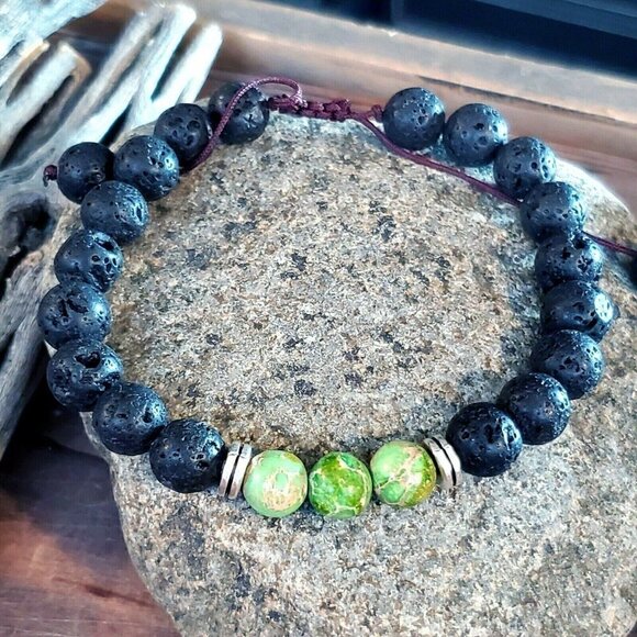 Chakra Healing Gemstone Bracelet Green Aqua Terra Jasper Black Lava - Picture 2 of 7